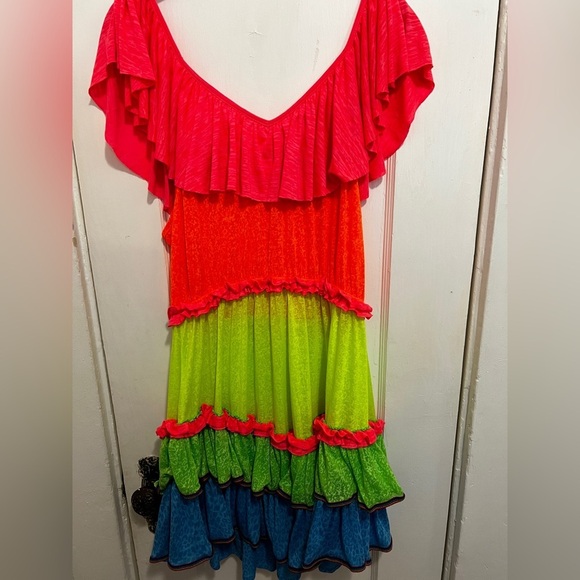PITUSA Neon Rainbow Ruffle Mini Dress Cover Up Vacation Tropical - Picture 5 of 6